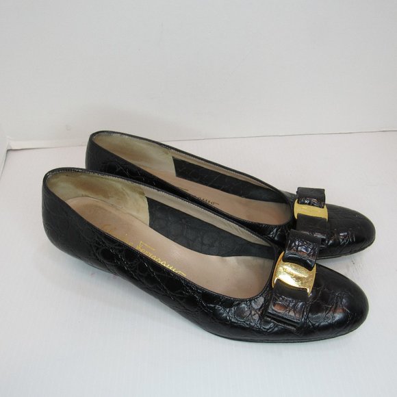 Salvatore Ferragamo Shoes - Salvatore Ferragamo Black Crocodile Slip On Vera Heel Shoes